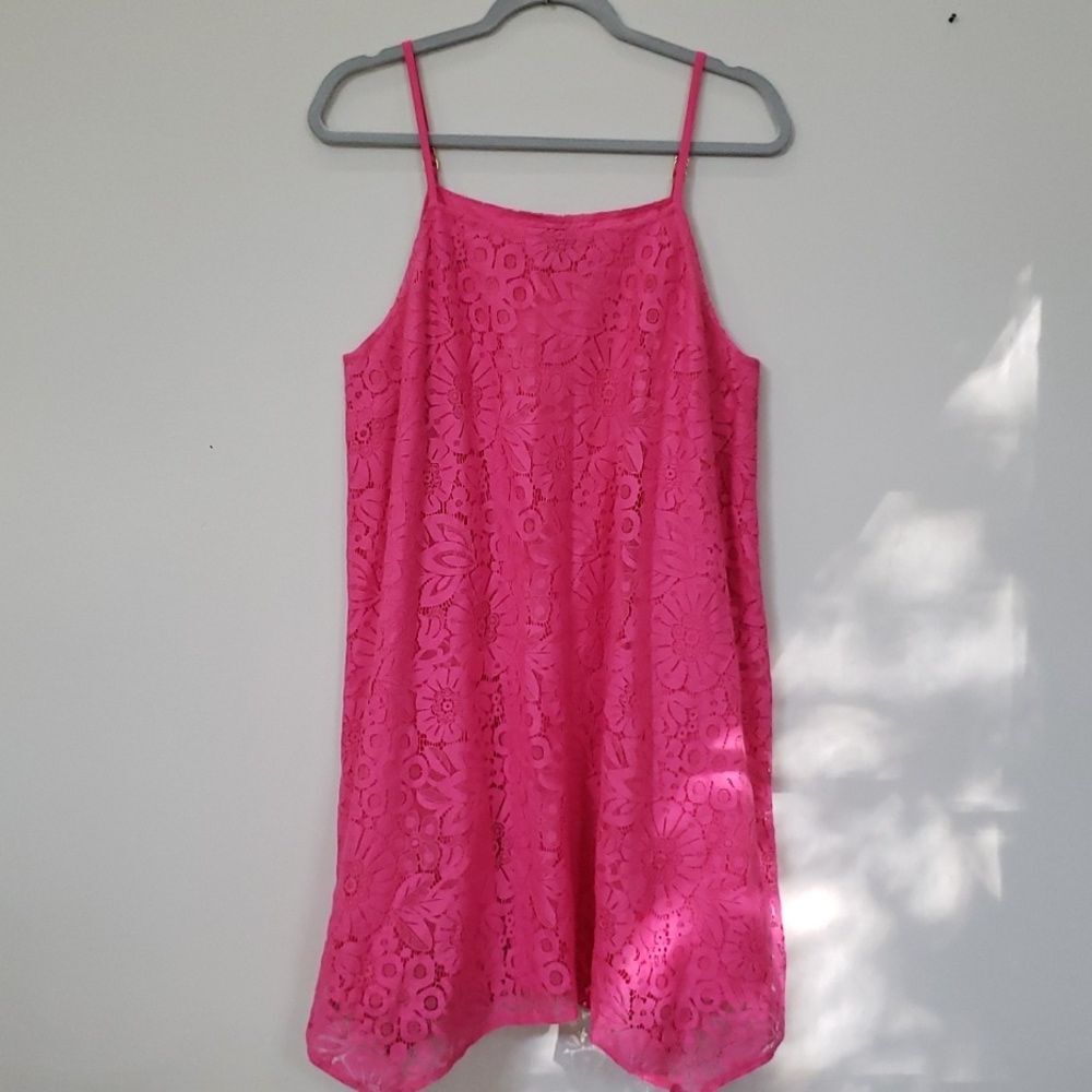 Kaari Blue Dress Womens sz Large Floral Lace Over Slip Shift Asymmetric Hem